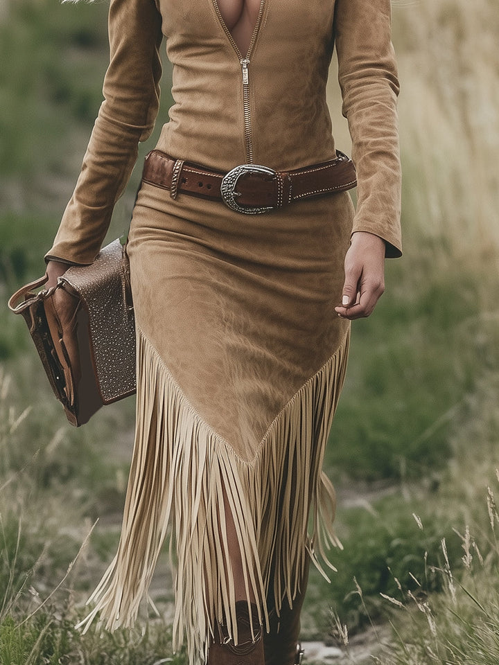 Valence | Robe en daim avec franges