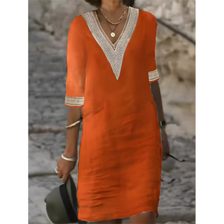 Isabeau™ | Robe Midi à Col V avec Détails en Dentelle Contrastante