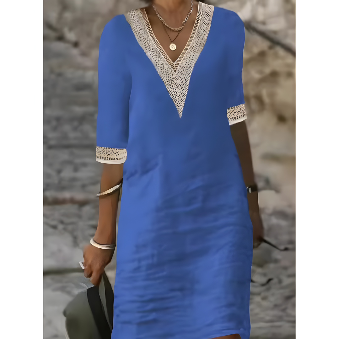 Isabeau™ | Robe Midi à Col V avec Détails en Dentelle Contrastante