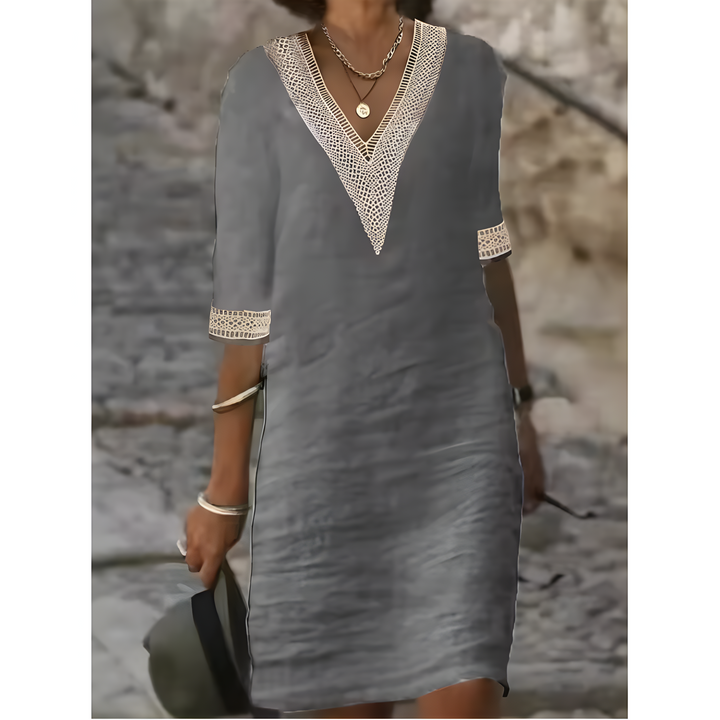 Isabeau™ | Robe Midi à Col V avec Détails en Dentelle Contrastante