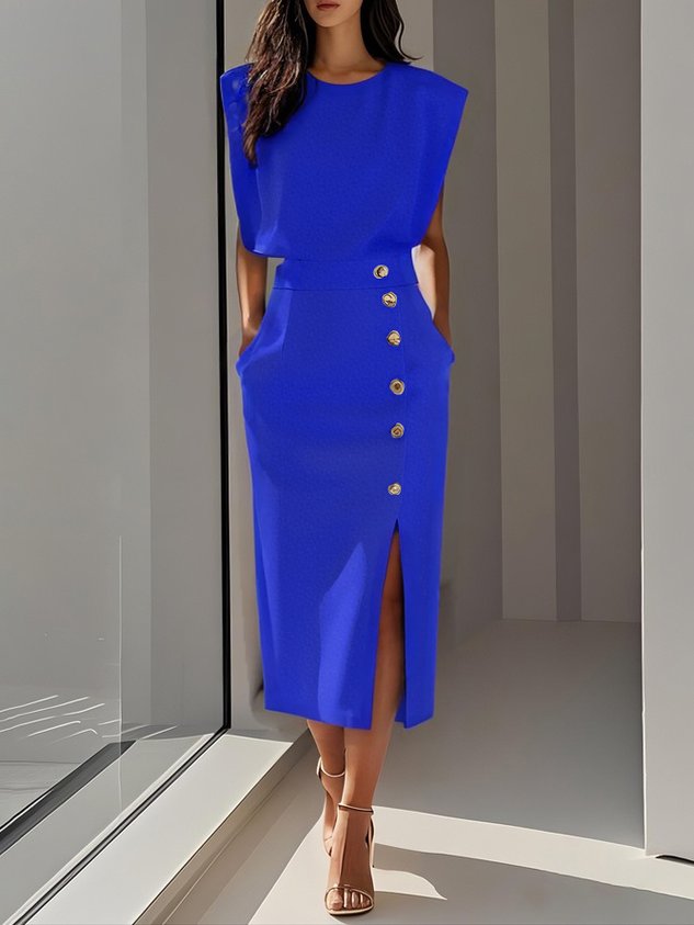 Malene™ | Robe midi unie avec fente à boutons et décolleté arrondi