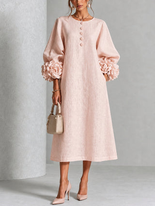 Robe midi rose à fleurs boutonnée avec de superbes poignets fleuris