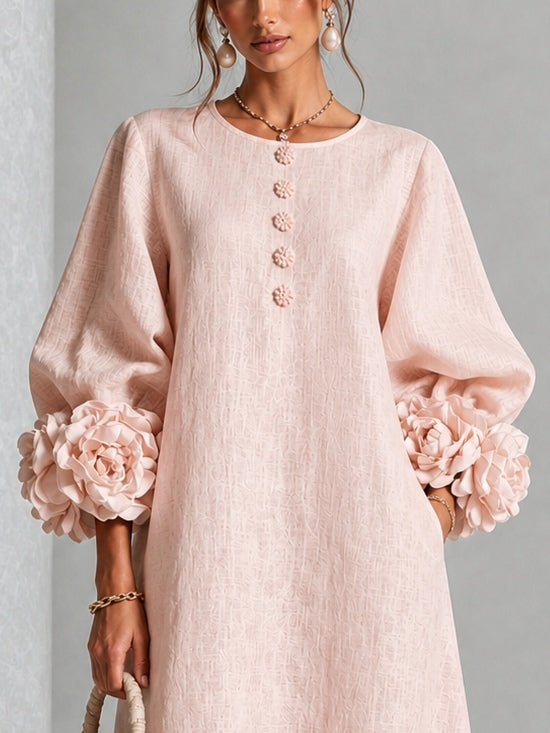 Robe midi rose à fleurs boutonnée avec de superbes poignets fleuris