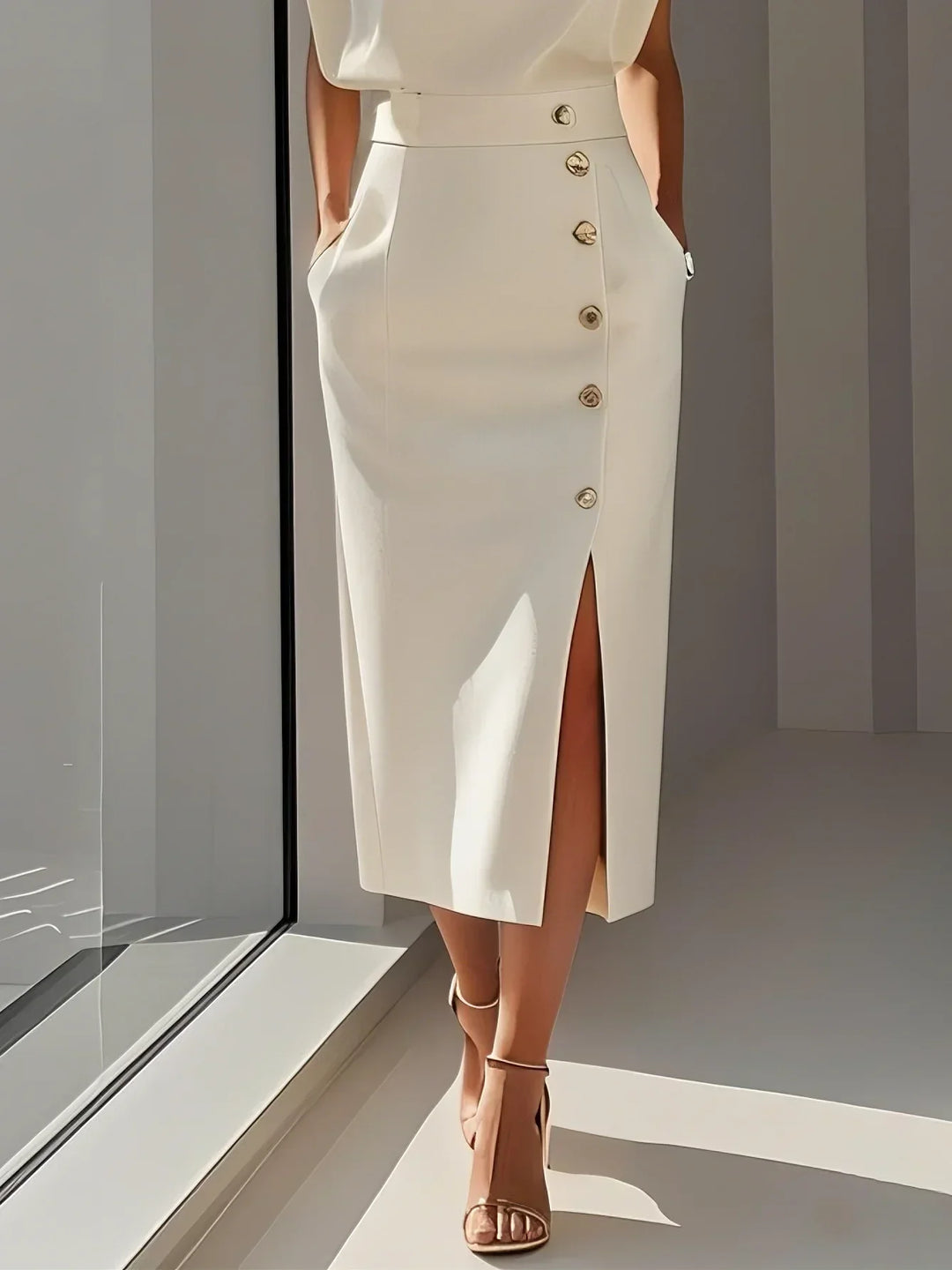 Malene™ | Robe midi unie avec fente à boutons et décolleté arrondi