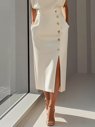 Malene™ | Robe midi unie avec fente à boutons et décolleté arrondi