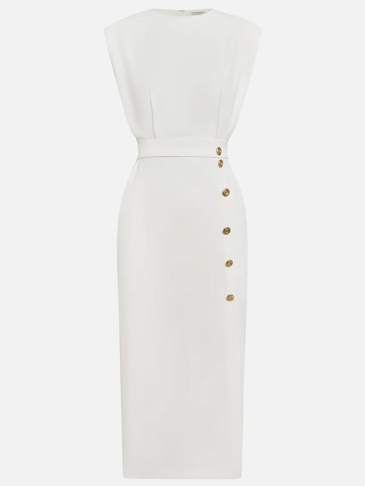 Malene™ | Robe midi unie avec fente à boutons et décolleté arrondi