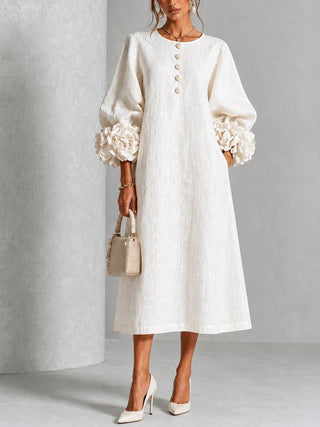 Robe midi rose à fleurs boutonnée avec de superbes poignets fleuris